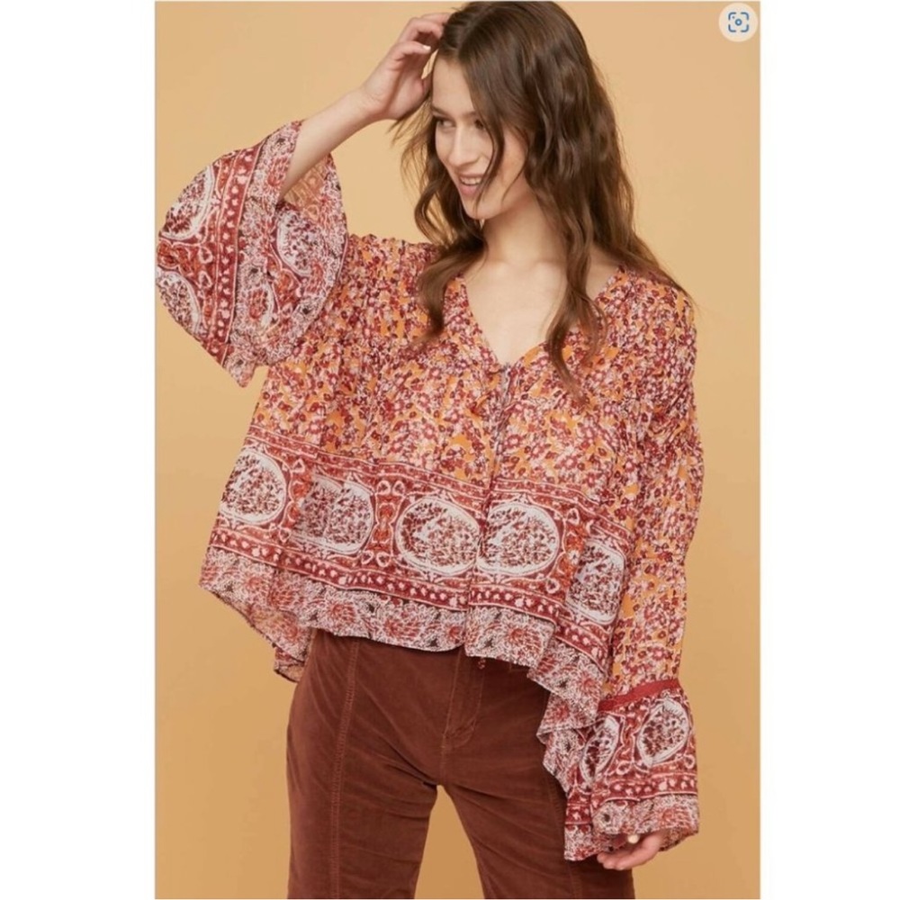 Free People Lorraine Tie Front Boho Print Top XS NWT
